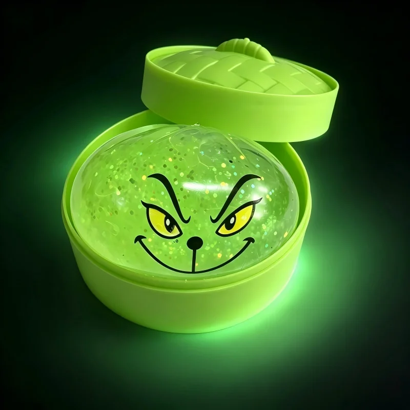 8.5cm Luminous Green Dumpling Glitter Christmas Buns W/Steamer Squeeze Anxiety Antistres Relieve Stress for New Year Party Gift