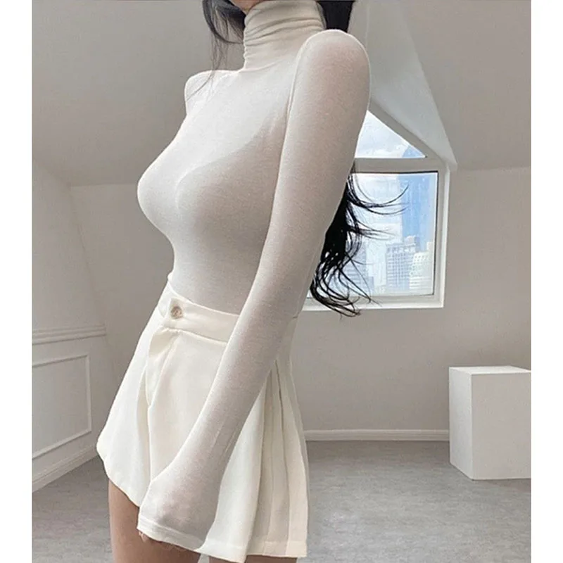 Manches longues solide basique femmes t-shirt décontracté noir blanc mince haut tendance t-shirt dames coréen col roulé t-shirt vêtements