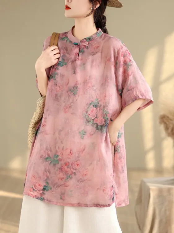 Flachsdruck Anti-Aging Tea irt Damen Große Größe Knopf Stehkragen Mittellanges Sve Blumenoberteil Bequeme Freizeitkleidung
