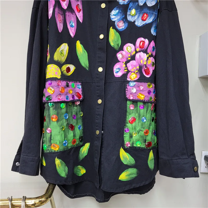 Hand-painted Graffiti Flower Print Denim Shirt Coat Spring Women Casual Diamond Big Pocket Long Sleeve Jeans Jacket Veste Femme