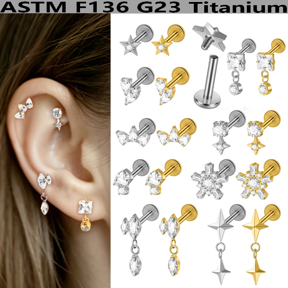 1PC F136 Titanium 1.2X8MM Ear Studs CZ Teardrop Earrings Internal Thread Dnagle Cartilage Tragus Daith Ear Labret Lip Studs