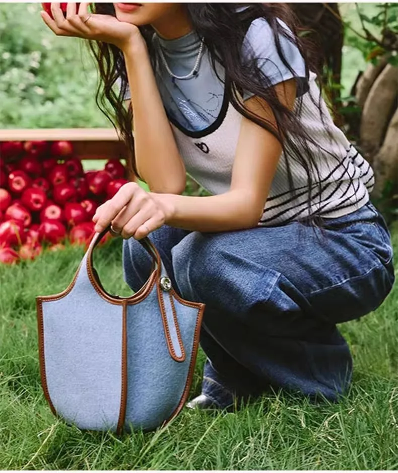 Denim Bucket Small Bag, Women\'s Fashion Bags 2024, Niche Canvas Vegetable Basket Handbag