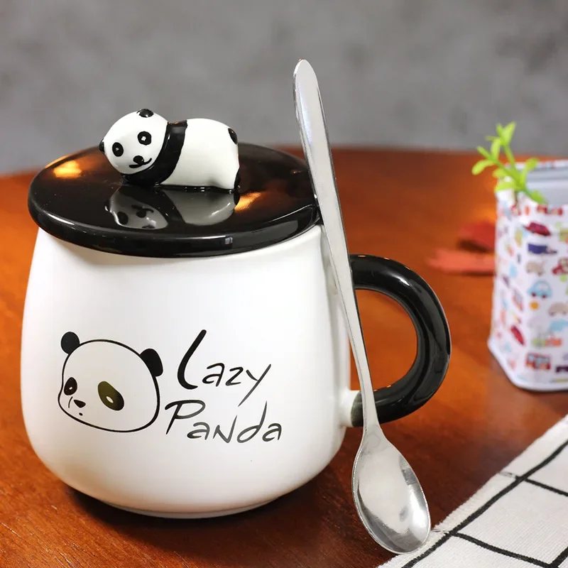 Cartoon Panda Mug Three-dimensional Ceramic Coffee Cup with Lid Spoon Office Home Couple Cup Breakfast Milk Drink