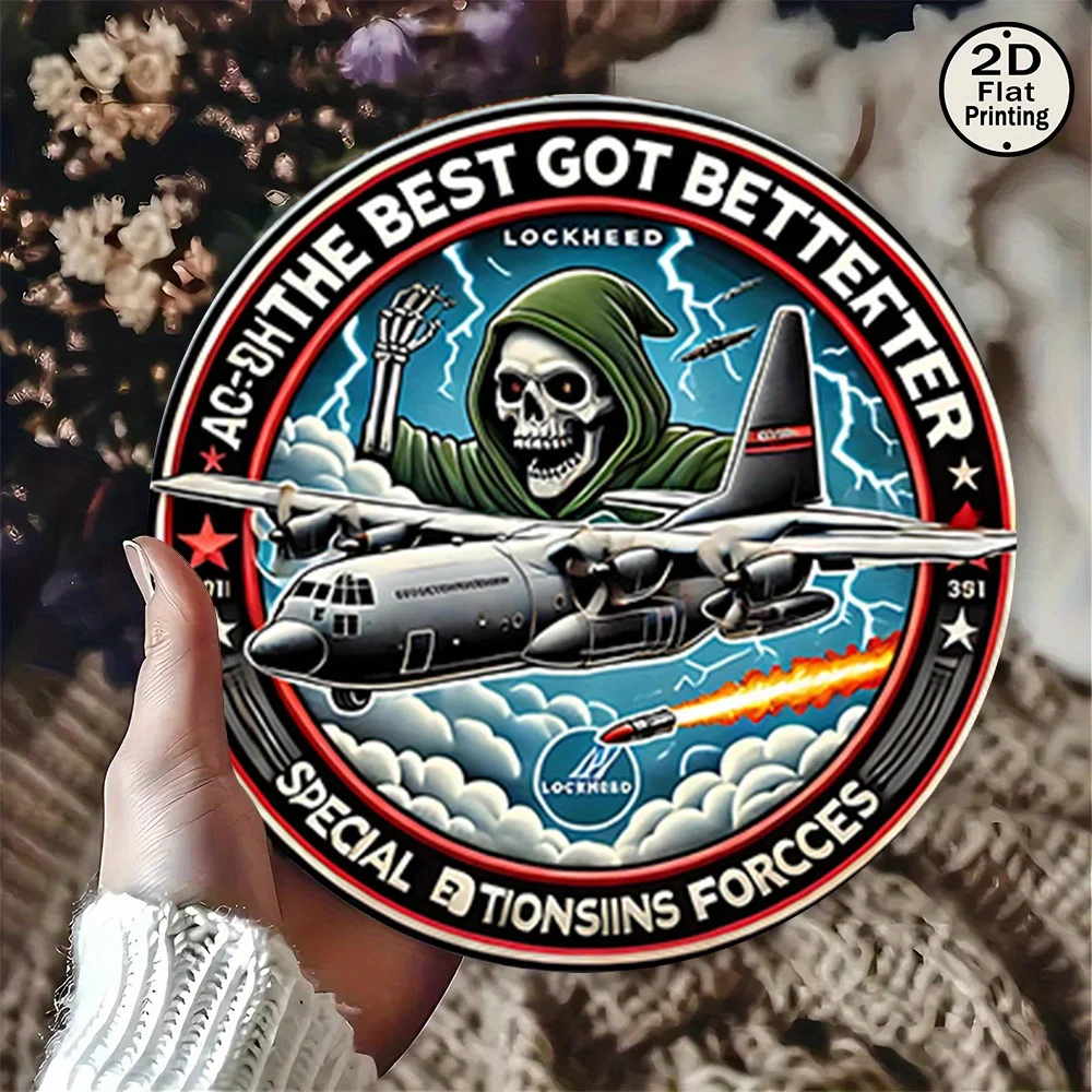 قطعة واحدة من لوحة القصدير المعدنية المستديرة مقاس 8 × 8 عتيقة - تصميم شارة القوات الخاصة مع عمل فني عسكري من Lockheed C-130 Hercules، مسطح ثنائي الأبعاد #5
