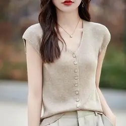 Summer New Women's Sweater Knitted Suspenders Sleeveless V-Neck Cardigan Loose Jacket Shoulder Base Shirt Women