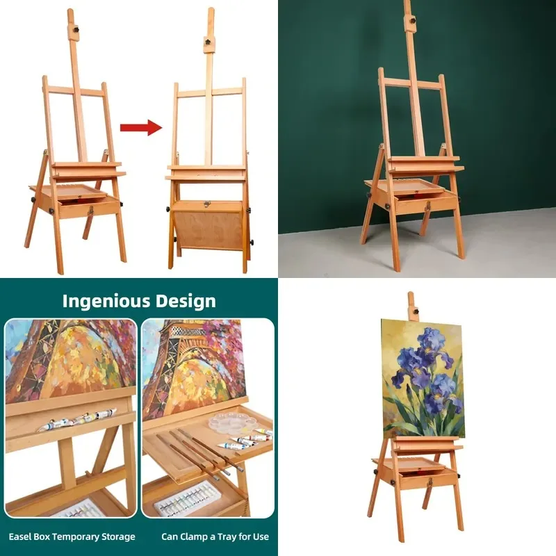 Professional Studio Display Easel Adjustable Tray Height Collapsible Box Beech Wood Lockable