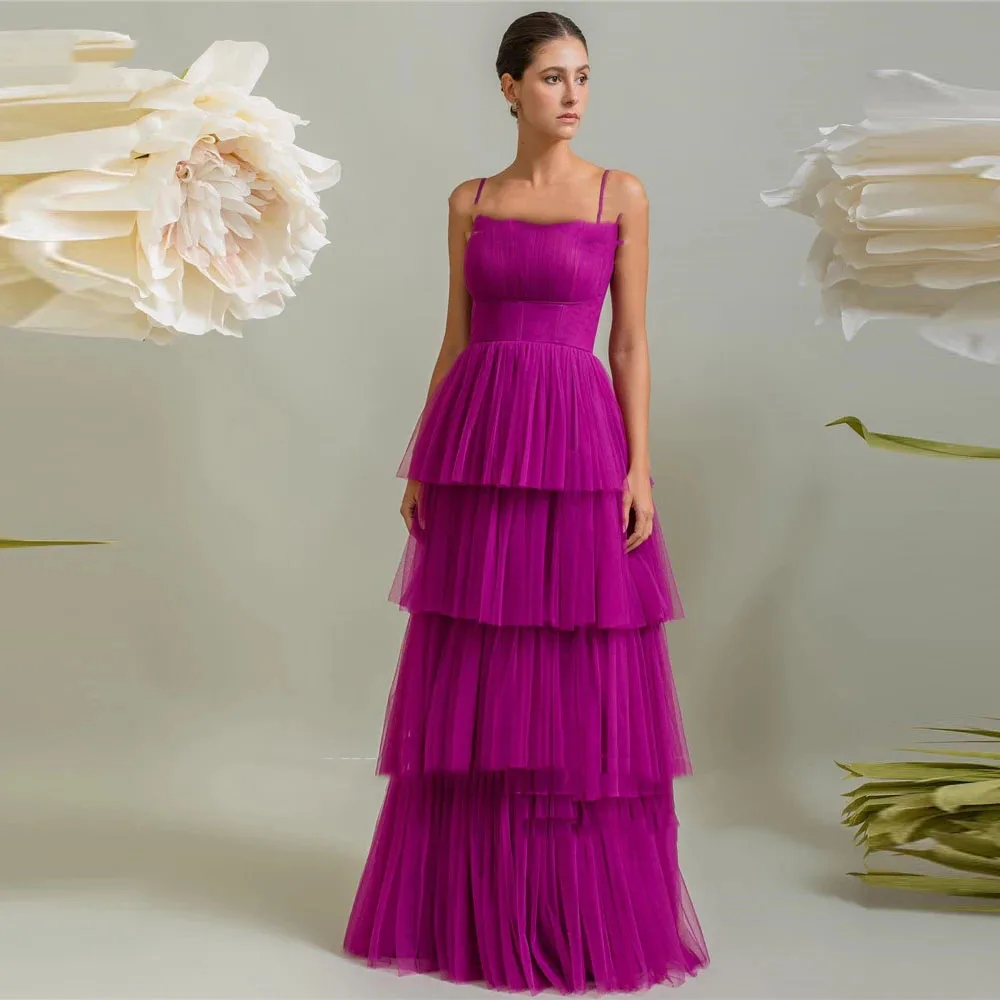 Vintage Spaghetti Straps Purple Tiered Tulle Prom Dresses Women Layered Long Evening Gowns Formal Occasion Party Dress CL-609