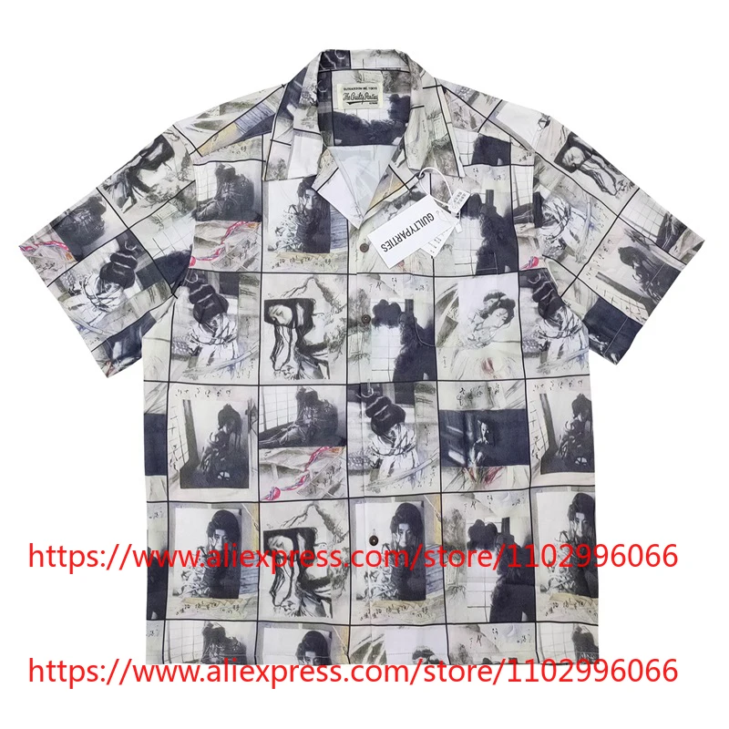 Camisa Hawaiana de Manga Corta con Estampado de Graffiti en Blanco y Negro WACKO MARIA 2026, para Hombre, con Botones, Estilo Casual Holgado, Entrega Rápida