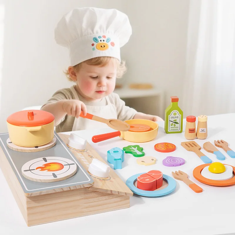Montessori Early Education Wooden Child Simulation Kitchen Pretend Cooking Vegetables Meat Rice Cooker Set with Tools Girls Toys