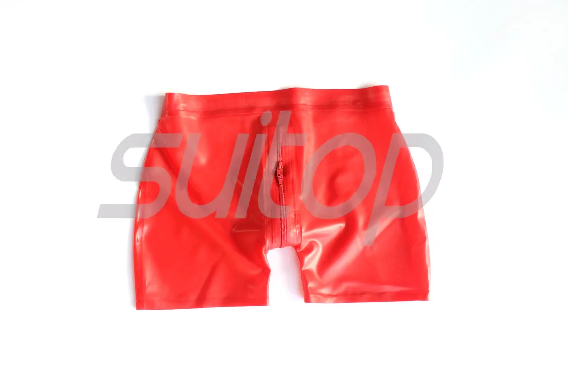 Men's 100% natrual latex shorts with crotch zip in red rubber boxers