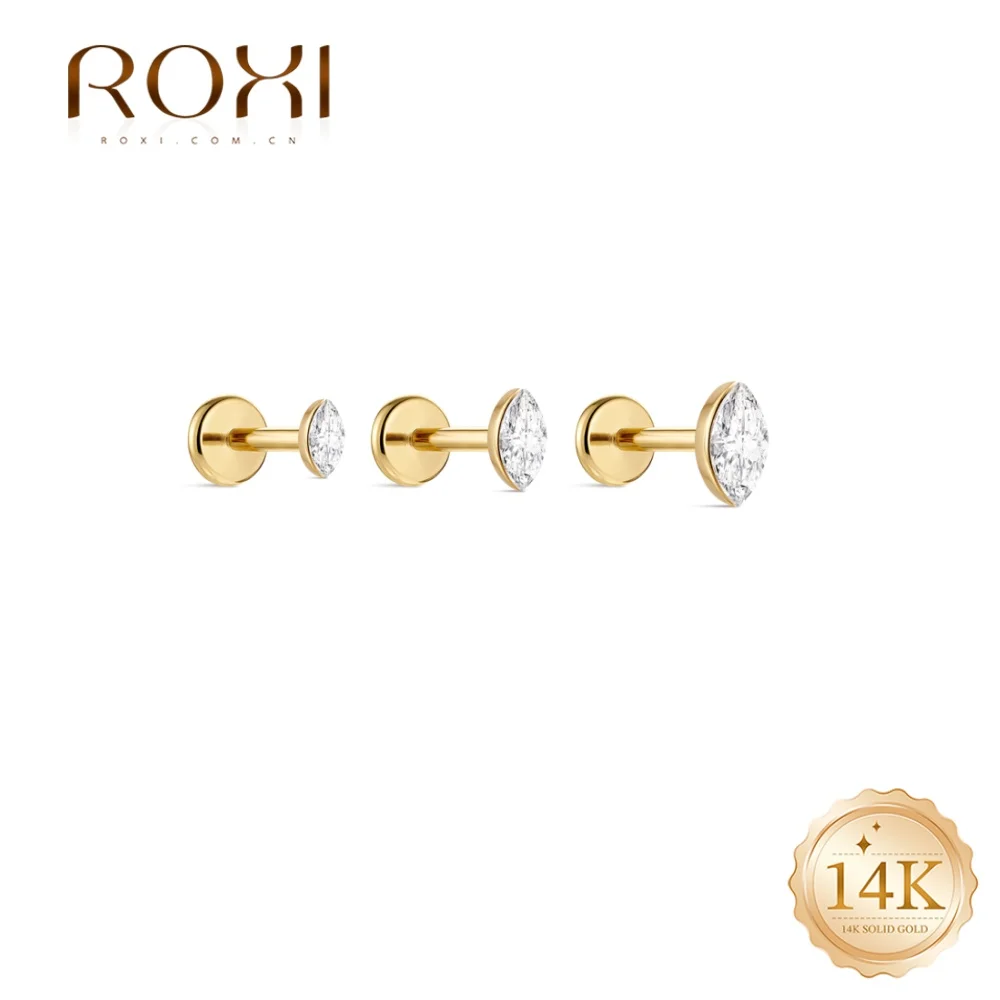 

ROXI 1PC 5 6 8mm 14K Solid Gold Marquise Bezel Set CZ Hypoallergenic Flat Back Piercing Stud Jewelry For Women Daily Wear