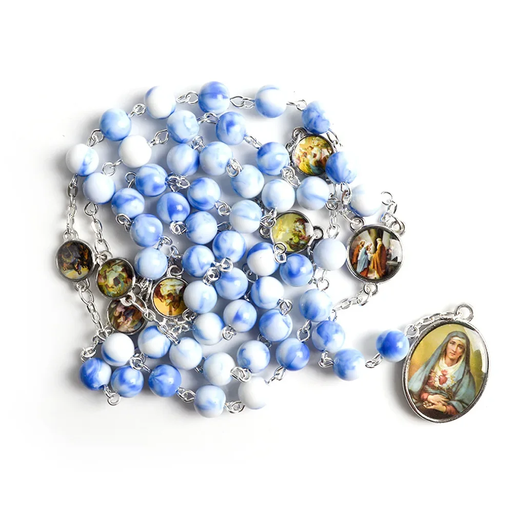 CR029 New Fashion 8mm Seven Sorrow Long Pendant Men Woman Religious Jewelry Bead Acrylic Rosary Necklace Beautiful Gift