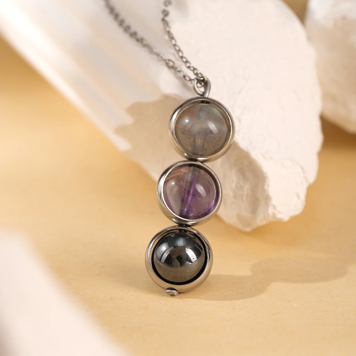 JD الحجر الطبيعي جمشت سموكي الكوارتز قلادة بها خرزات مستديرة قلادة المرأة موضة الفولاذ المقاوم للصدأ سلسلة المختنق مجوهرات هدية حفلة #6