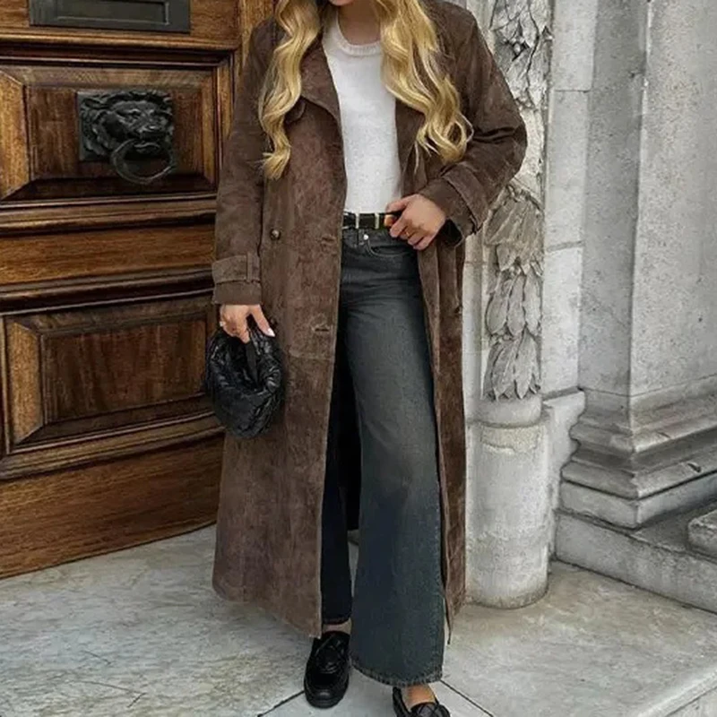 2025 New Lady High Street Trendy Capispalla Casual Doppio Petto Giacca in pelle scamosciata Donna Temperamento vintage Lace Up Risvolto Cappotto lungo