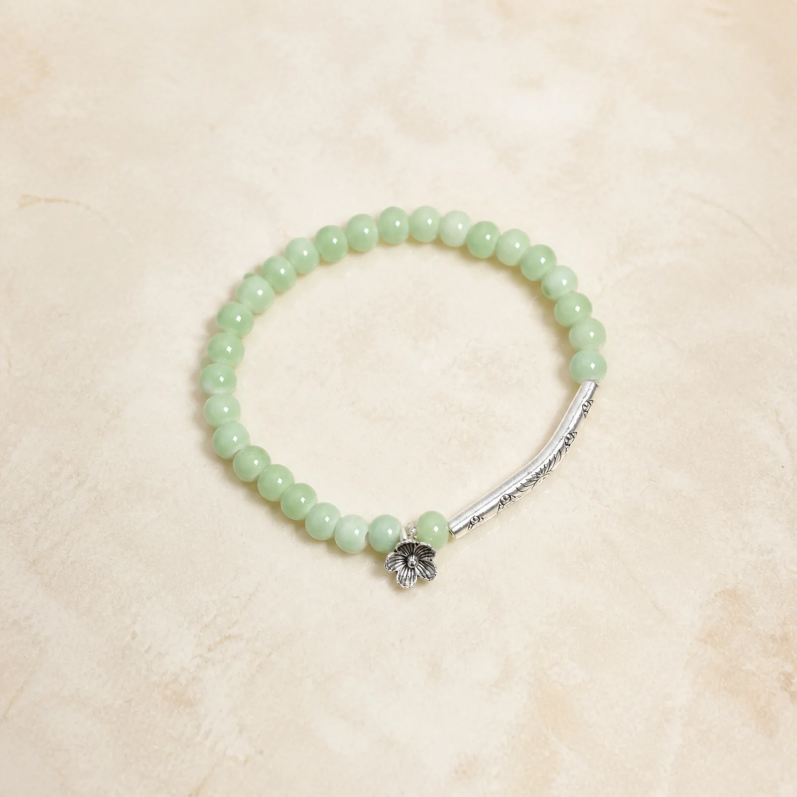 Handmade Ceramic Bead Bracelet Bean Green Flower Elastic Cord Handwoven Metal Accent Floral Bead Jewelry 608P11-12