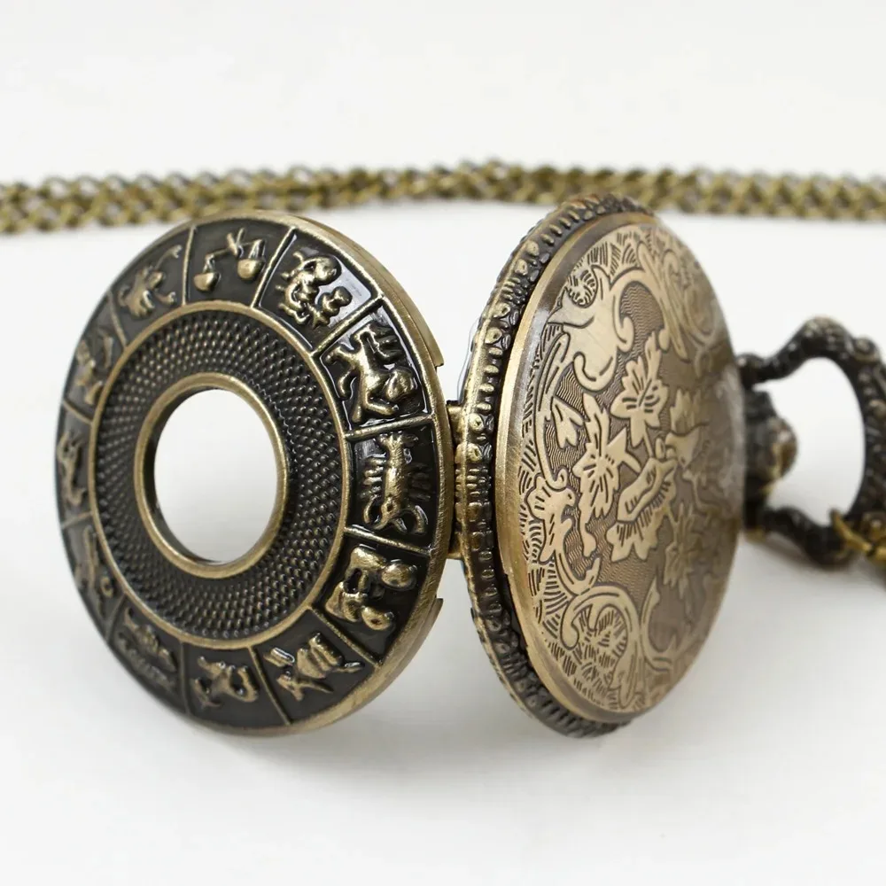 황동 레트로 석영 주머니 시계 조디악 릴리프지도 다이얼 남성과 여성 목걸이 시계 Steampunk 패션 선물 액세서리