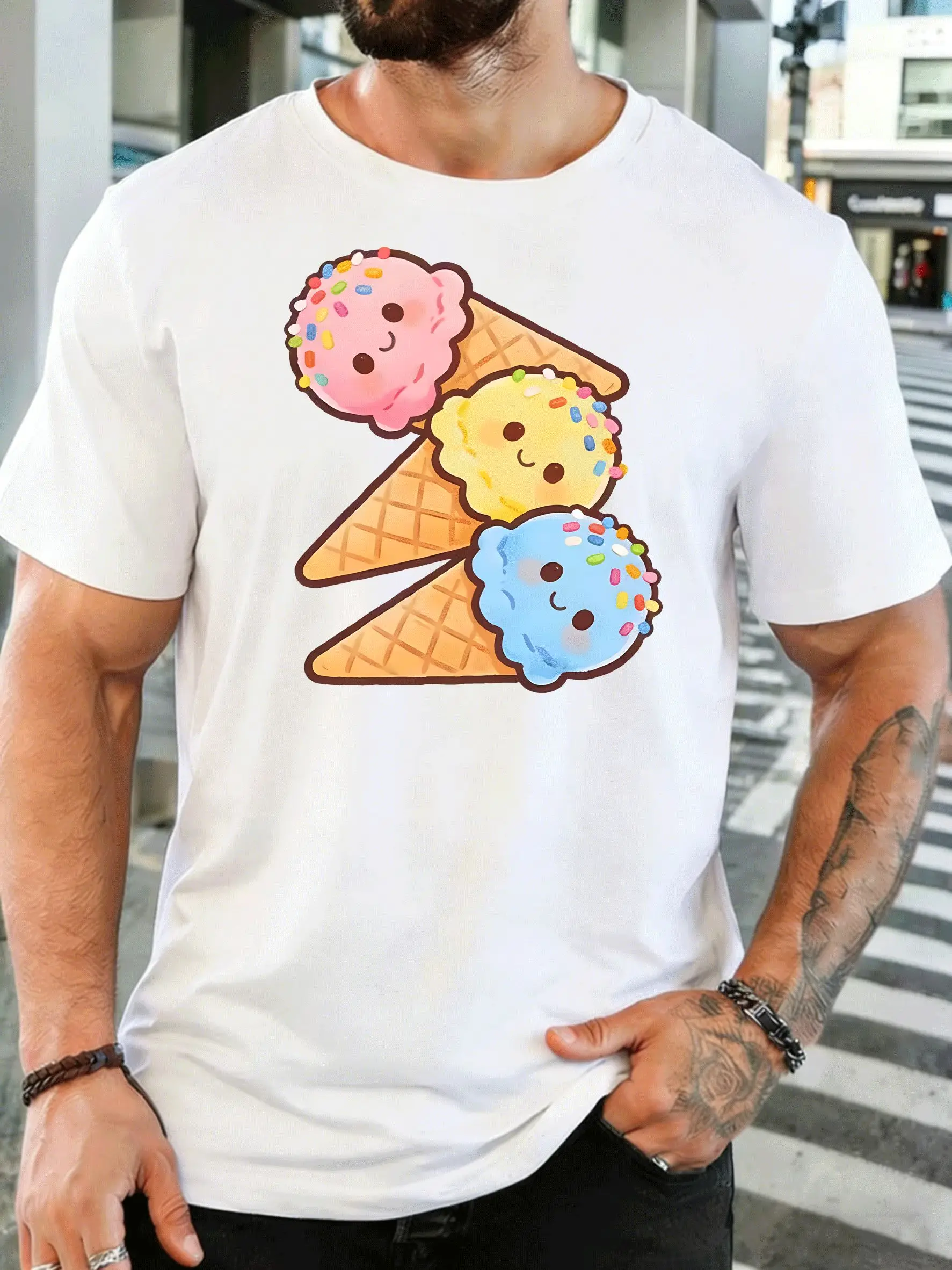 Cute Smiley Ice Cream Cone Mens Front Print T Shirt Sweet Summer Dessert Cartoon Graphic Tee Casual Short Sleeve Food Fan Gift