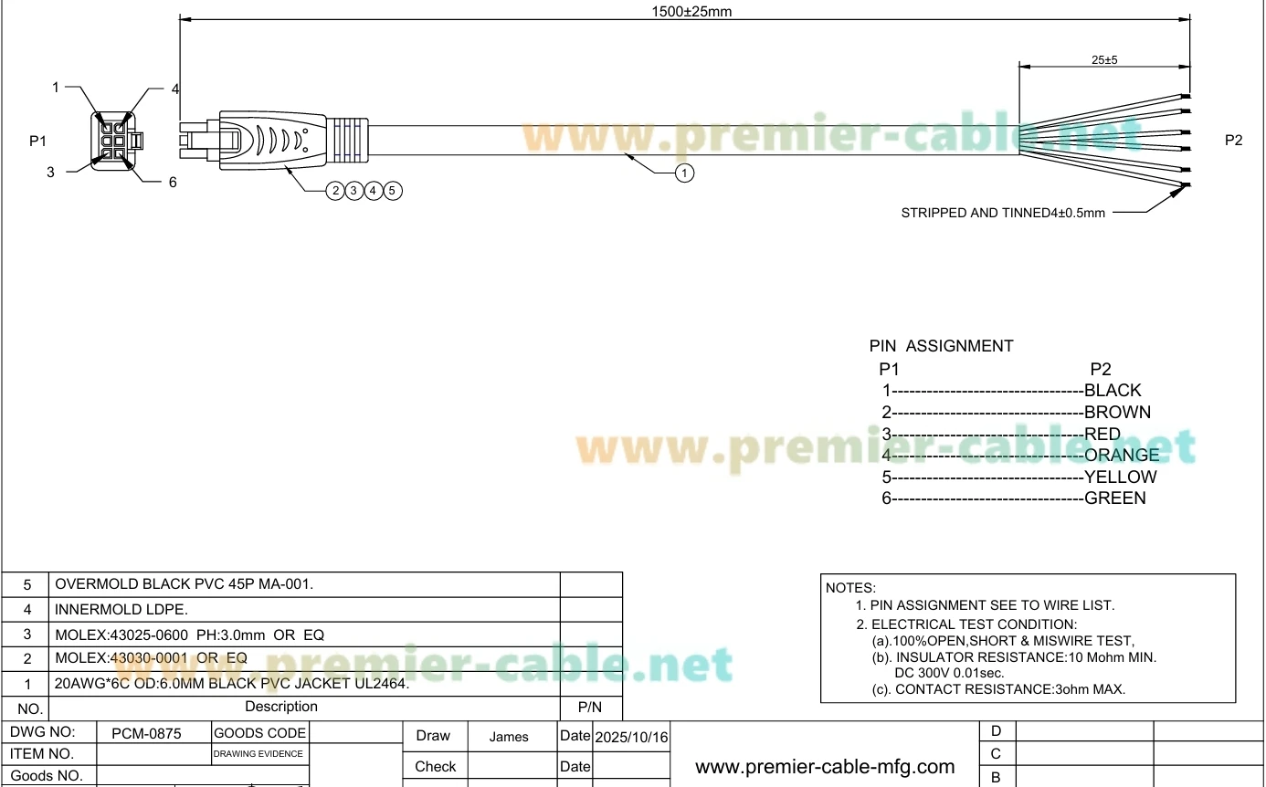 Kompatibles Molex 430250600 6-Pin Micro-Fit 3.0 Buchsenstecker mit offenem Kabelenden, zweireihiges 6-Kreis-Strom-Signalkabel – Detail 1