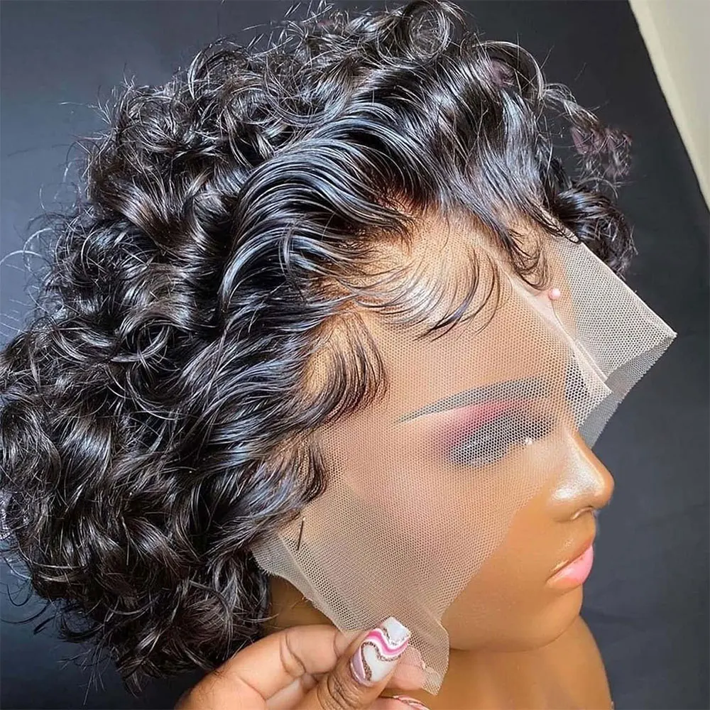 Short Pixie Cut Curly Wig 13x1 Transparent Lace Front Human Hair Wigs 6 Inch Black 1B T1B/27 Ombre Honey Blonde Burgundy Red