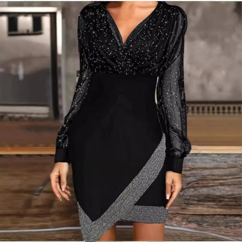 2024New Mesh Sequin Stitching SexyvCollar Elegant Long Sleeve Dress Women