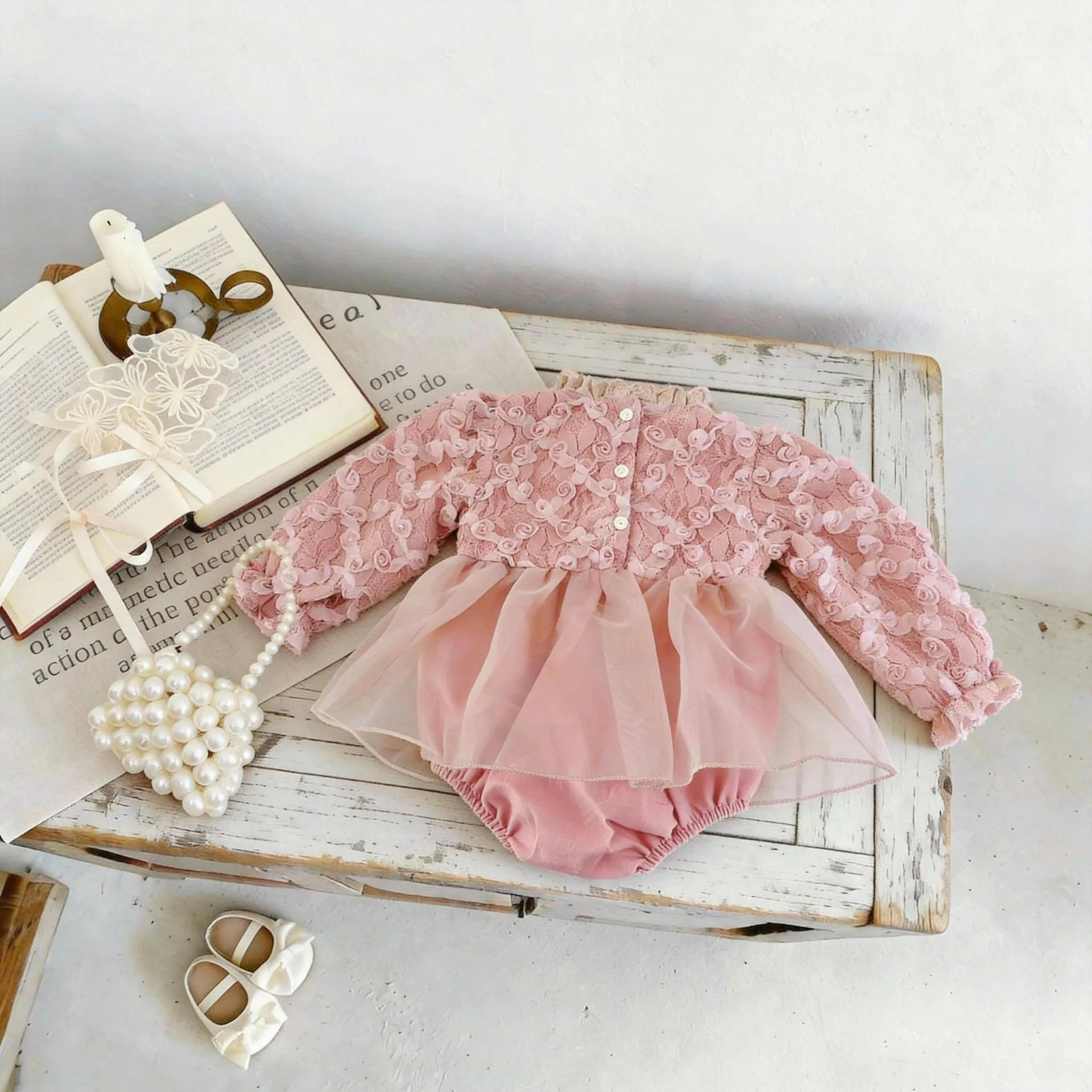 HY2790 Sweet Princess Long Sleeve Baby Girl Romper Skirted Bottom Cover-Up Clothing