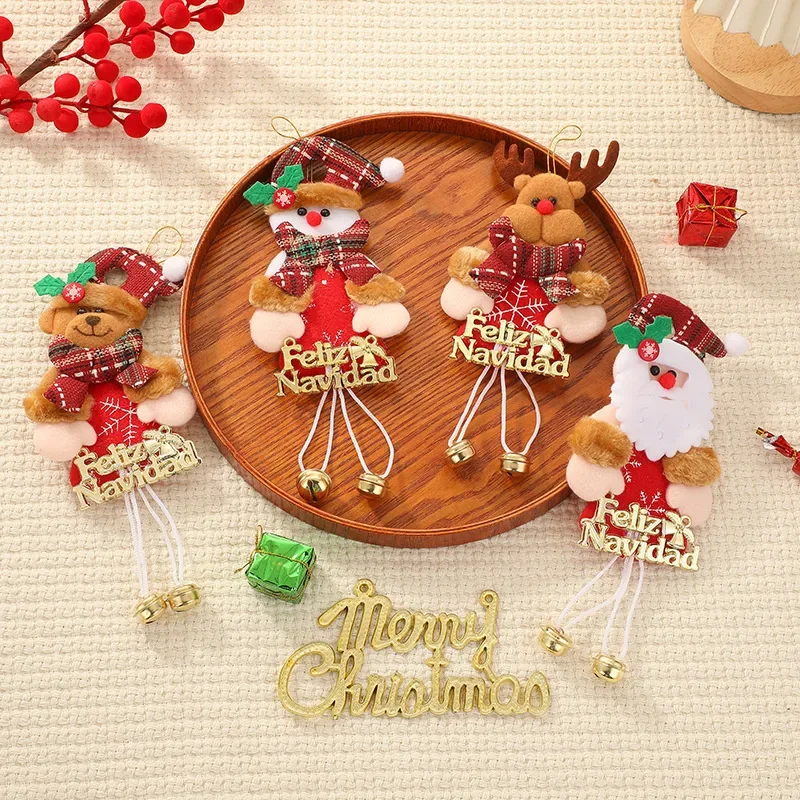 Christmas Party Ornaments Cartoon Santa Snowman Elk Pendant Christmas Tree Plush Doll Bell Pendants Xmas Drop Ornaments