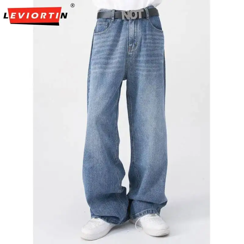 

Men's Loose-fitting Street Jeans Pants Harajuku Y2K Hip Hop Casual Solid Color Straight Half Elastic Waist Cowboy Denim Trousers