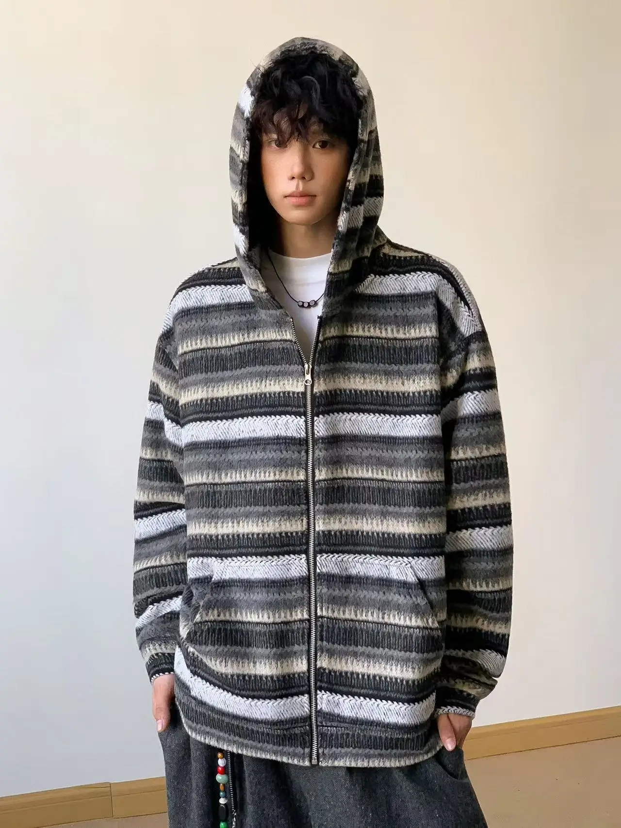 

Американский ретро-кардиган в полоску из шерсти с капюшоном, мужской осенне-зимний повседневный свитер для пары