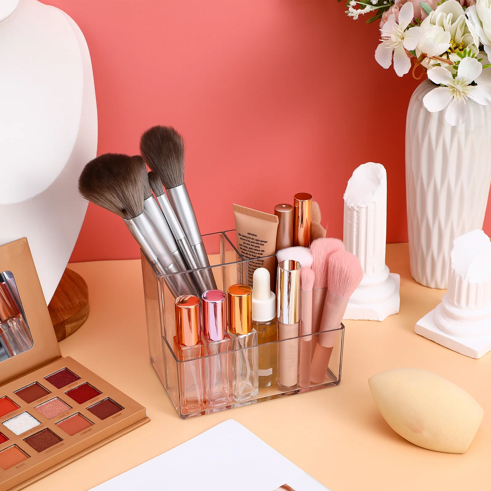 Tempat Penyimpanan Makeup Ringkas dan Transparan dengan Kompartemen Terpisah, Kotak Penyimpanan Multi-Fungsi, Wadah Pena, Organizer Meja Rias