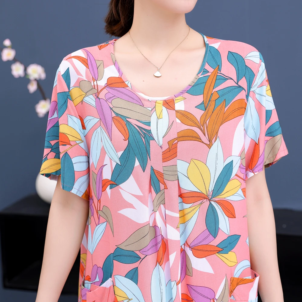 New Fashion Casual 2023 Summer Dresses For Women Vintage Short Sleeve O-Neck Printing Loose Floral Dress Women Clothes