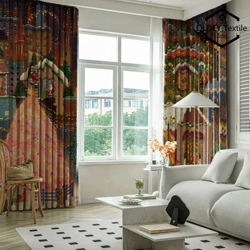 

Luxury Santa Claus Snowman Christmas Curtains for Living Room Bedroom Christmas Party Xmas Lights Festive Holiday Drapes Custom