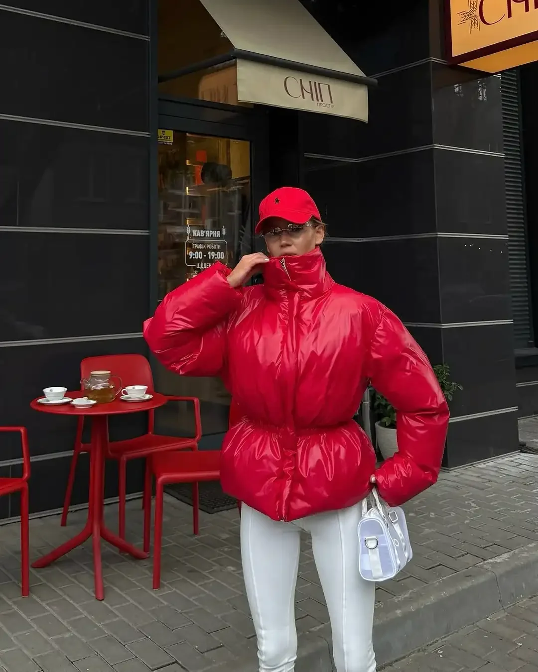 Women Solid Puffer Jacket High Stand Collar Elastic Cinched Waist Peplum Hem Zip Thick Padded Coat Warm Winter Daily Outerwear