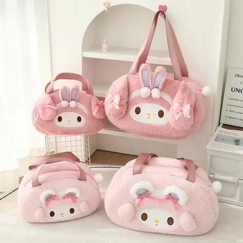 Imagen 2 del producto Bolso de hombro peludo Kawaii My Melody, bolso de mano de felpa de dibujos animados Adorable, bolso de Piano dulce, mochila escolar suave de estilo japonés para niña
