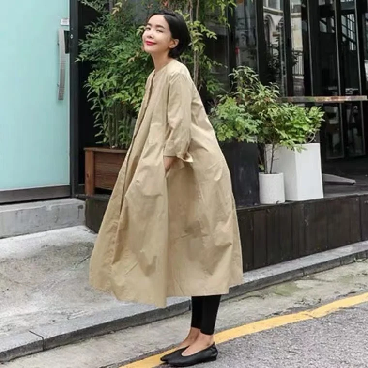 Vestido Csa Solto Estilo Coreano Longo Acima do Joelho Casual Emaecedor Camada Base de Aodão Primavera Outono Saia Eva...