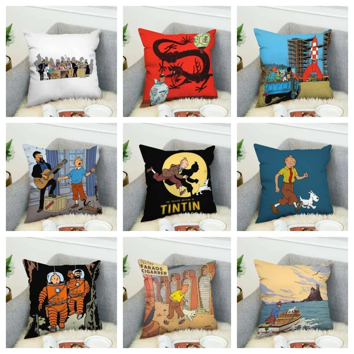 Funda de cojín de Anime Tintines, fundas de almohada, cojines, decoración del hogar, almohadas decorativas para sofá, 40x40cm, 16x16 pulgadas/45x45cm, 18x18 pulgadas