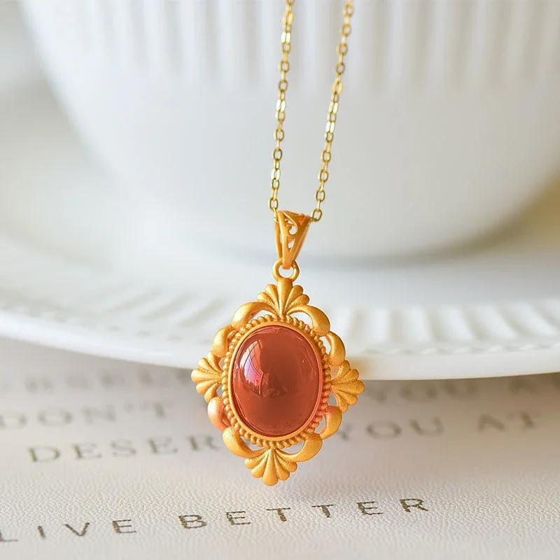 Original Design Southern Red Tourmaline Geometric Necklace Ladies Pendant Chinese Retro Palace Style Light Luxury Jewelry