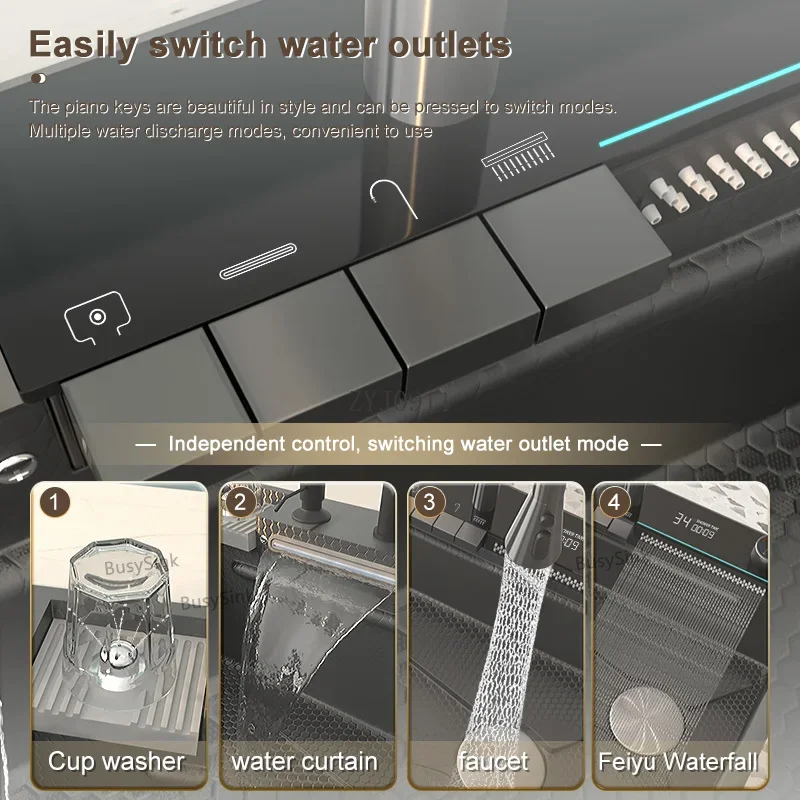 *Waterfall Kitchen Sink Stainless Steel Embossed Large Single Slot Multifunction Digital Display Washbasin For Kitchen