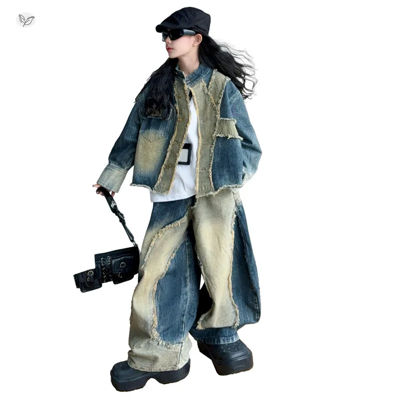 Kids Raw Edge Patchwork Denim Set Spring Autumn Girls Cardigan Jacket + Wide Leg Pants 2pcs Suit Outfits Street Children Clothes