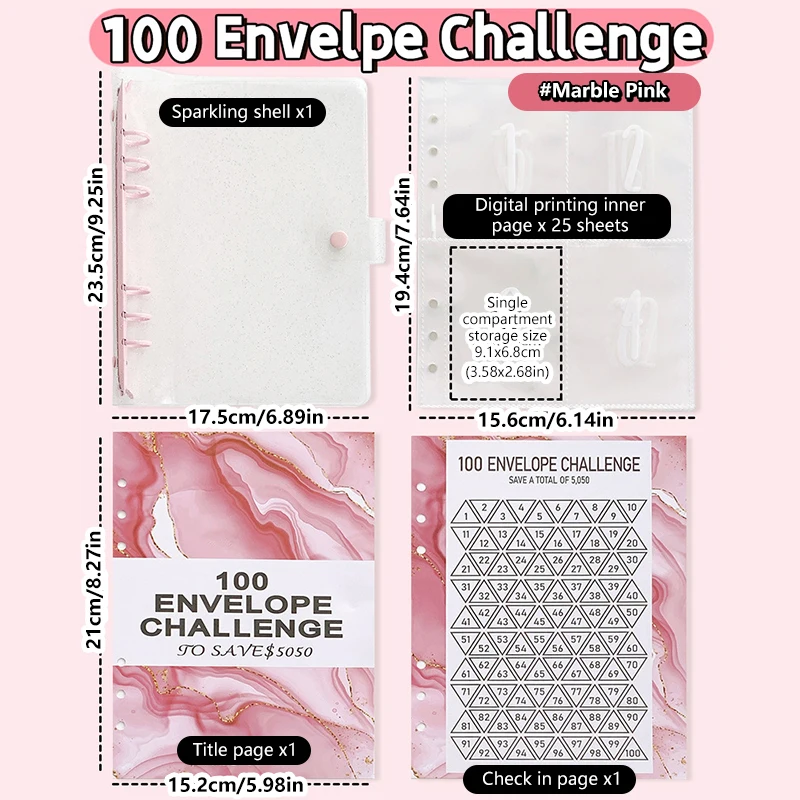 1Set 100 Day 100 Envelope Challenge Marble Pattern Loose-leaf Savings Notebook Saving Money Binder Cash Budget Storage Book Gift