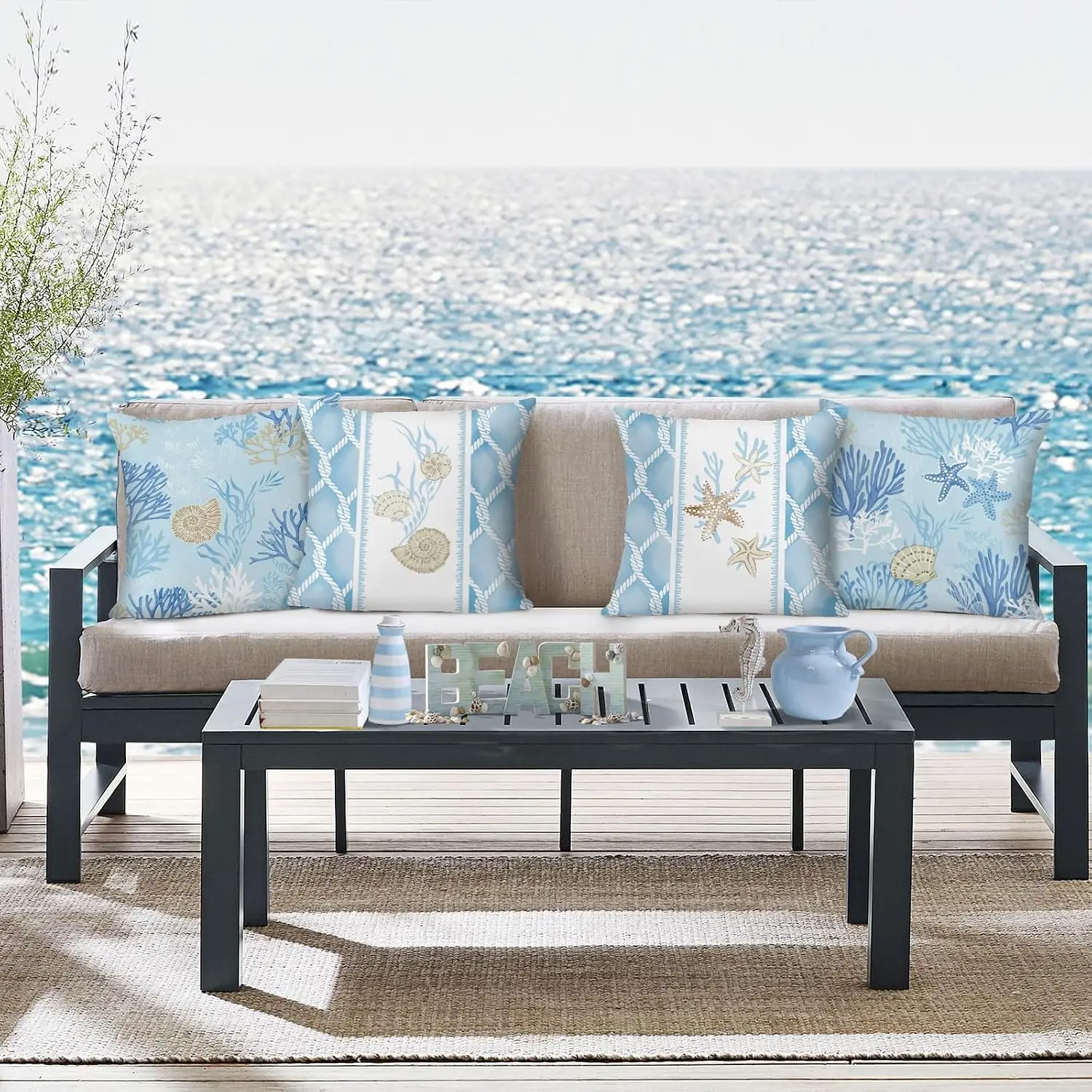 4PCS Ocean Marine Coral Throw Pillow Covers Blue Underwater Nautical Starfish Coastal Decor Cushion Set for Home Living Room Dec