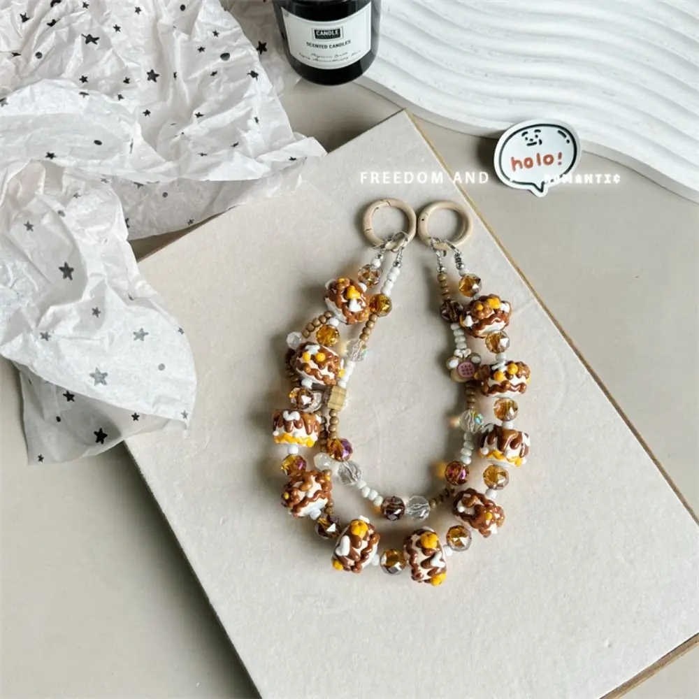 Lindo color crema correa para teléfono móvil Bowknot bolso con cuentas llavero colgante pintado a mano doble cadena teléfono encanto cuerda