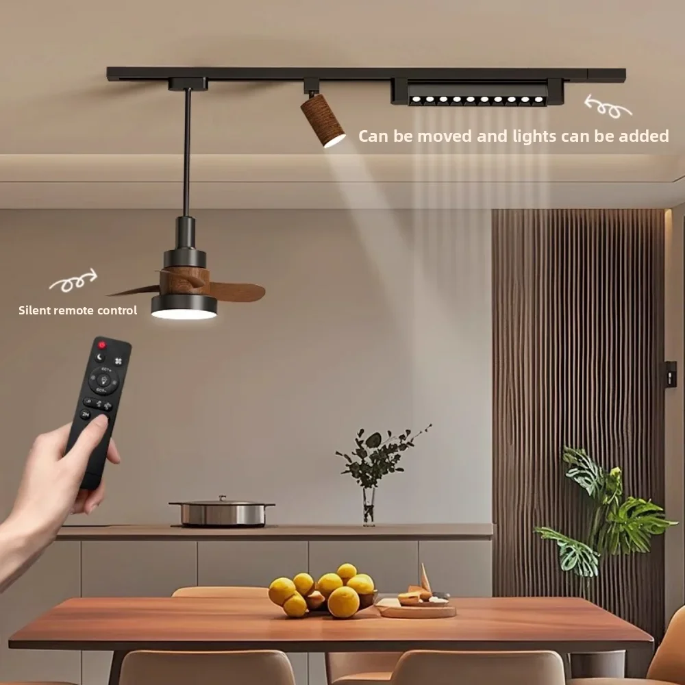 

Fan Lights Retro Walnut Color Dining Room LED Chandelier Movable Track Spotlights Retro Dining Table Island Bar Decorative Light