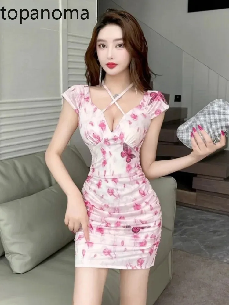 Topanoma Floral Cocktail Dresses Women Butterfly Sweet Sexy Mesh Slim Bandage Backless Birthday Wedding Party Evening Dress