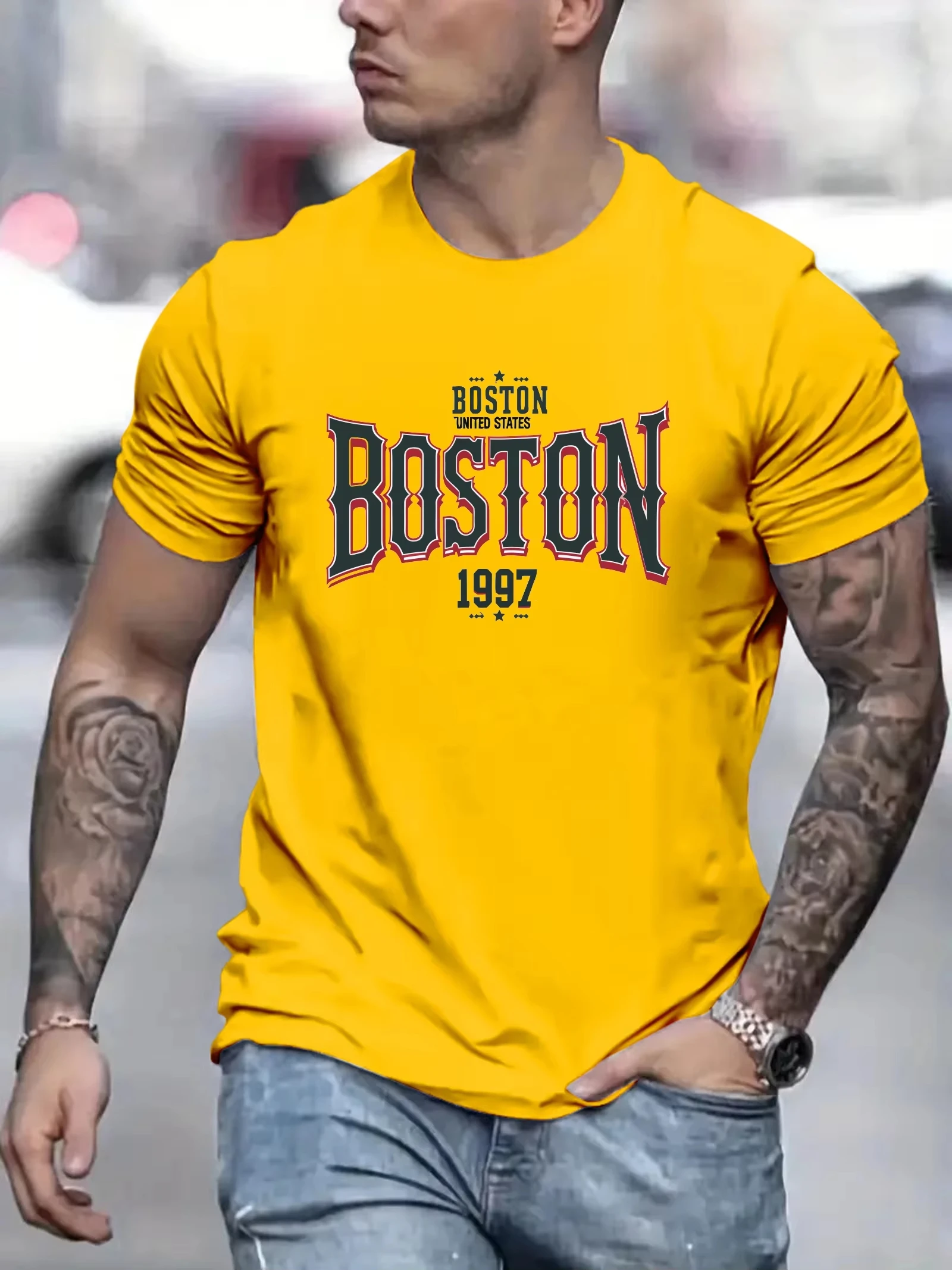 Summer New Men's Cotton Tshirt Boston Print Casual Round Neck Short Sleeve Loose T-shirt Fashion Male Clothing Oversized Tops