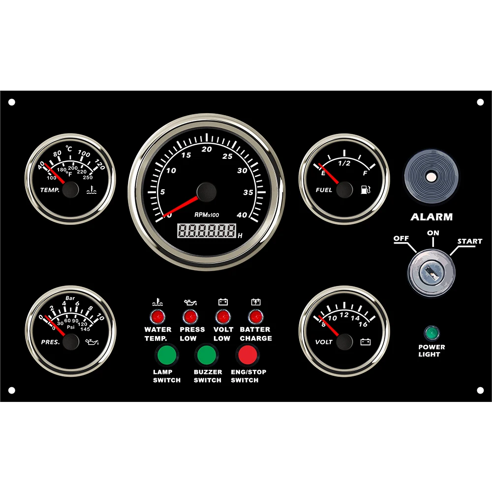 ELING 5 Gauge Set Instrument Panel with 0-4000RPM Tachometer Fuel Level Water Temp. Oil Pressure Voltmeter 300*190 mm 12V 24V