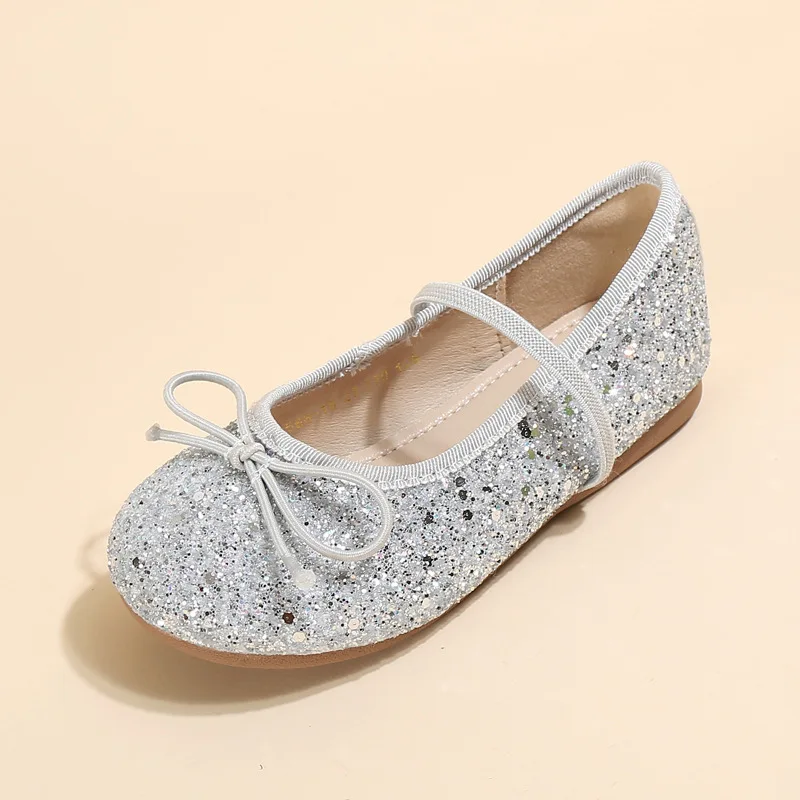 Girls Silver Bow Flats Glitter Princess Performance Shoes Round Toe School Party Dance Shoes for Kids