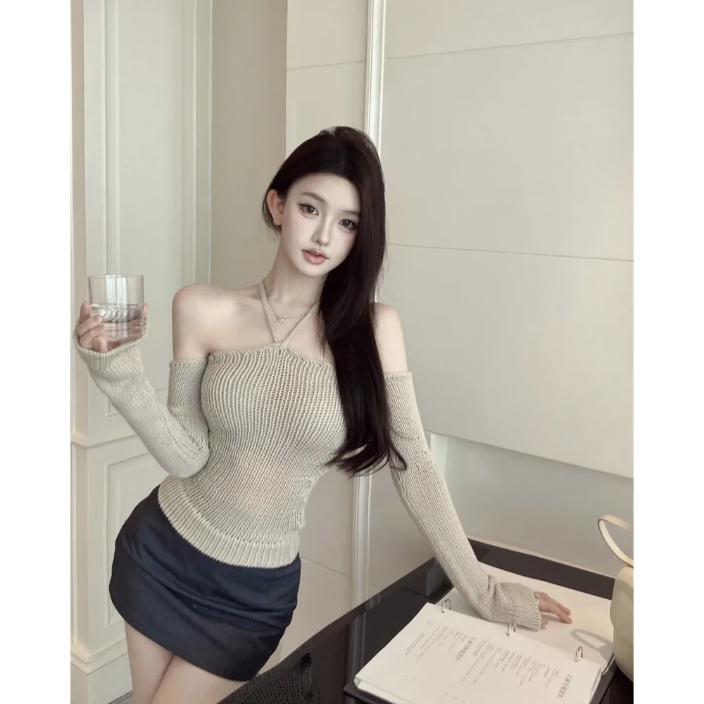 

Design Sensation oulder Bared Sve Cover Slim Fit Base Top Корейский Sle Commute Faion Женская трикотажная одежда Осенняя новинка A...