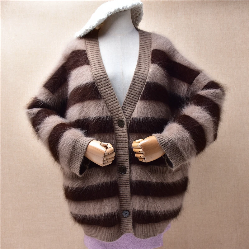 

Female Women Autumn Winter Thick Warm Striped Hairy Mink Cashmere Knitted V-Neck Long Sleeves Loose Cardigan Sweater Jacket Pull