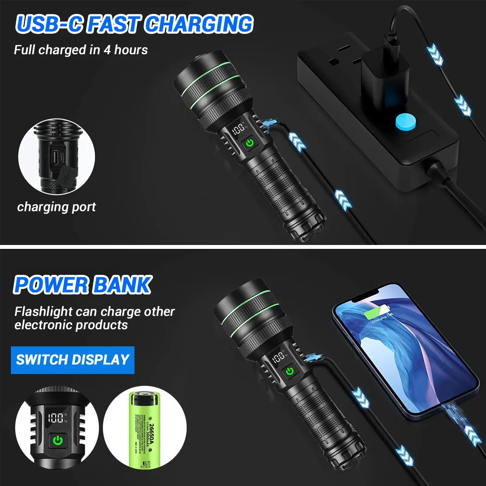 Most Powerful LED Flashlight 1500M Super Long Range Tactical Torch Light High Power Flashlight Long Shot Hand Lamp for Camping