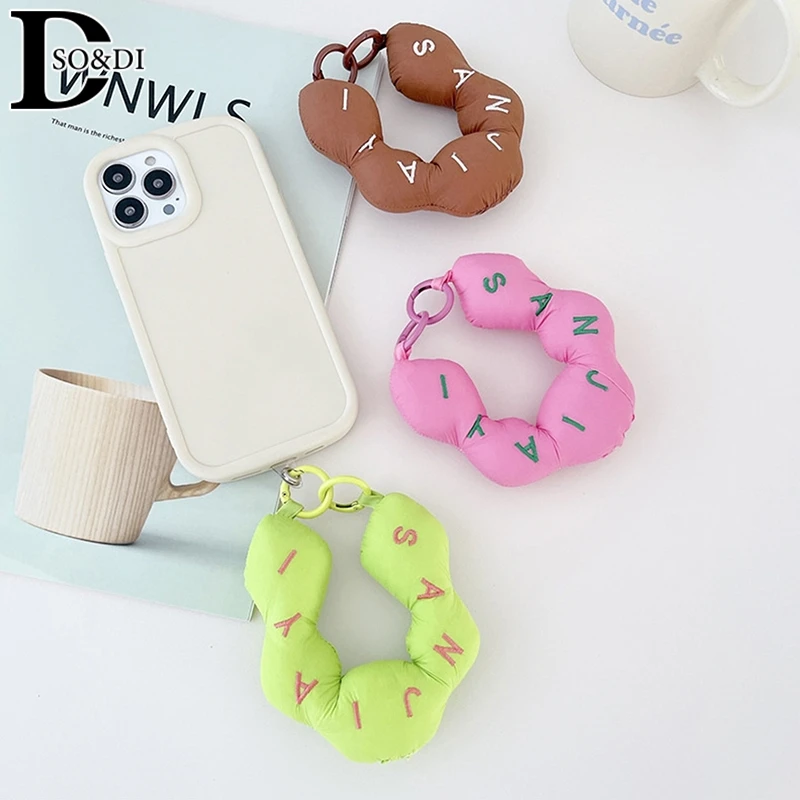 Simple Letter Cotton Filling Mobile Phone Lanyard Wristband Strap Double Buckle Phone Case Anti-Lost Hanging Ring Bag Pendant